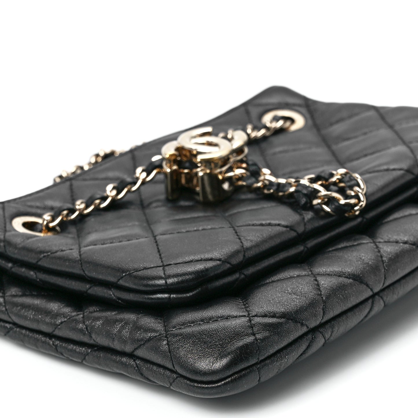Shiny Lambskin Quilted Medium Double Case With Strap Black