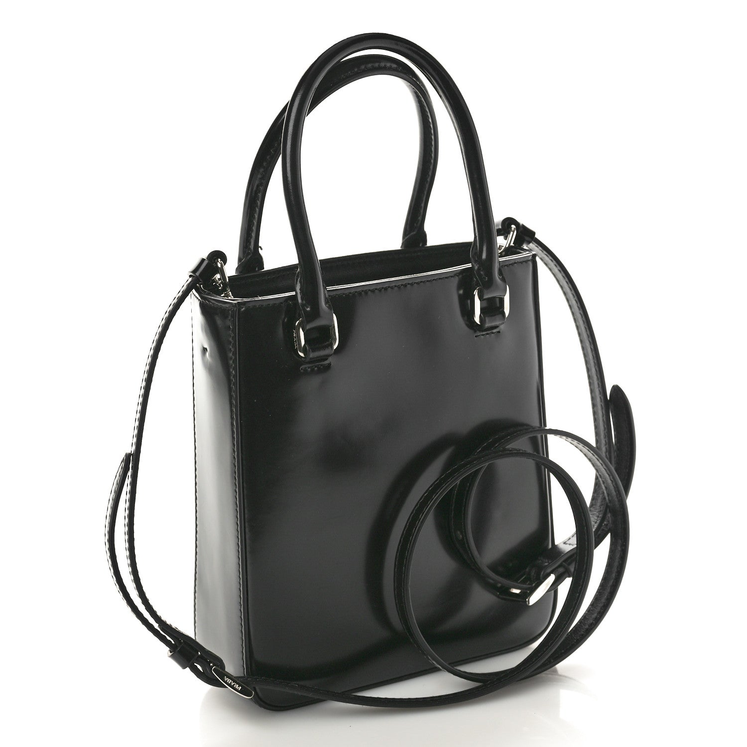 Prada Spazzolato Metal Triangle Logo Small Double Handle Crossbody Tote Black 3 of 10