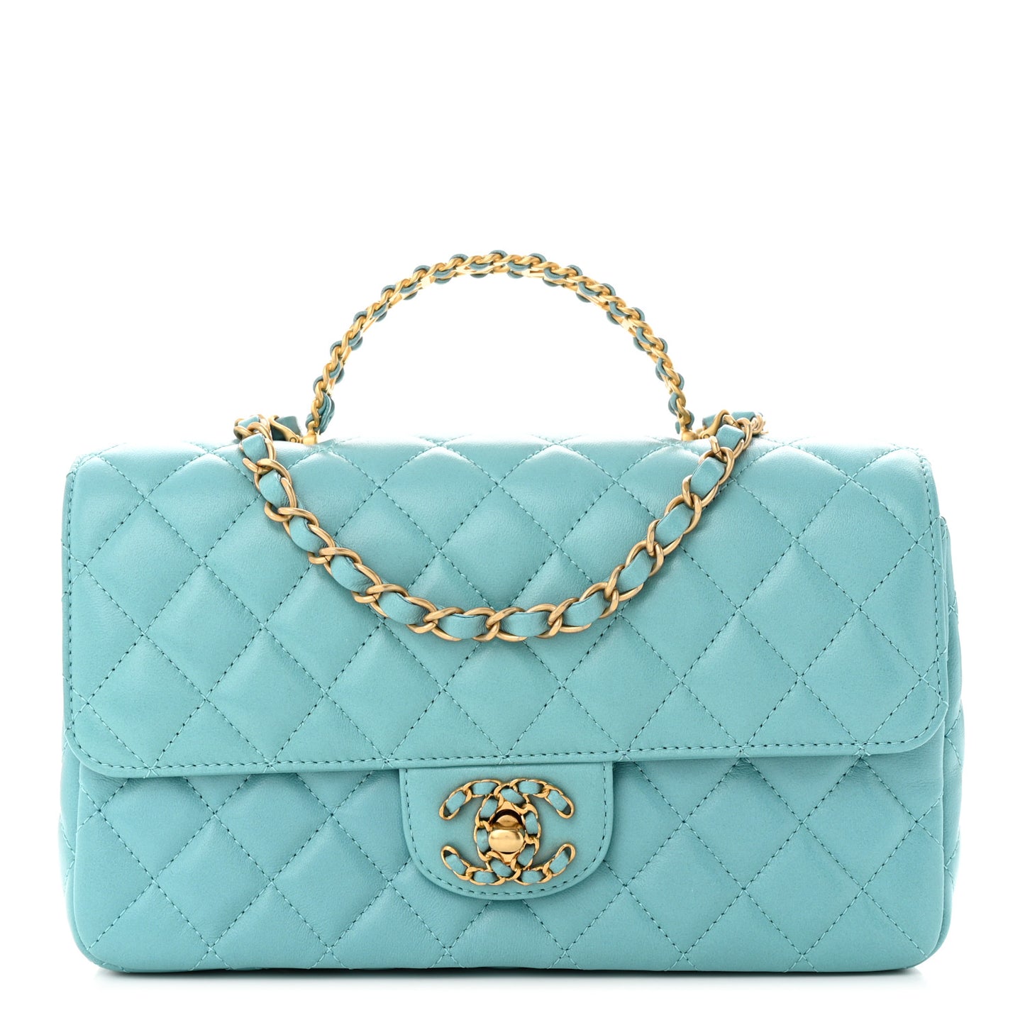 Lambskin Quilted Small Strass On Top Flap Bag Light Blue