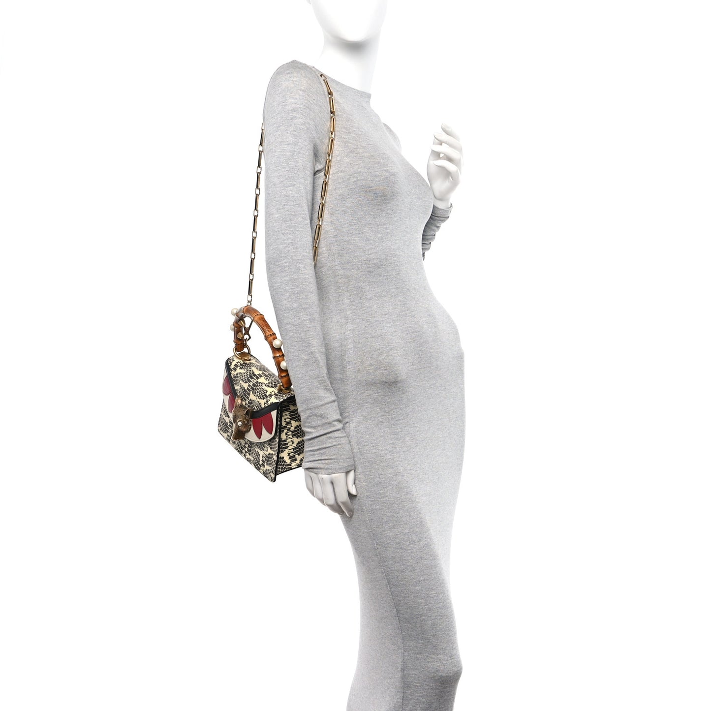 Snakeskin Pearl Mini Fox Broche Bamboo Top Handle Bag Roccia Hibiscus Red Mystic White