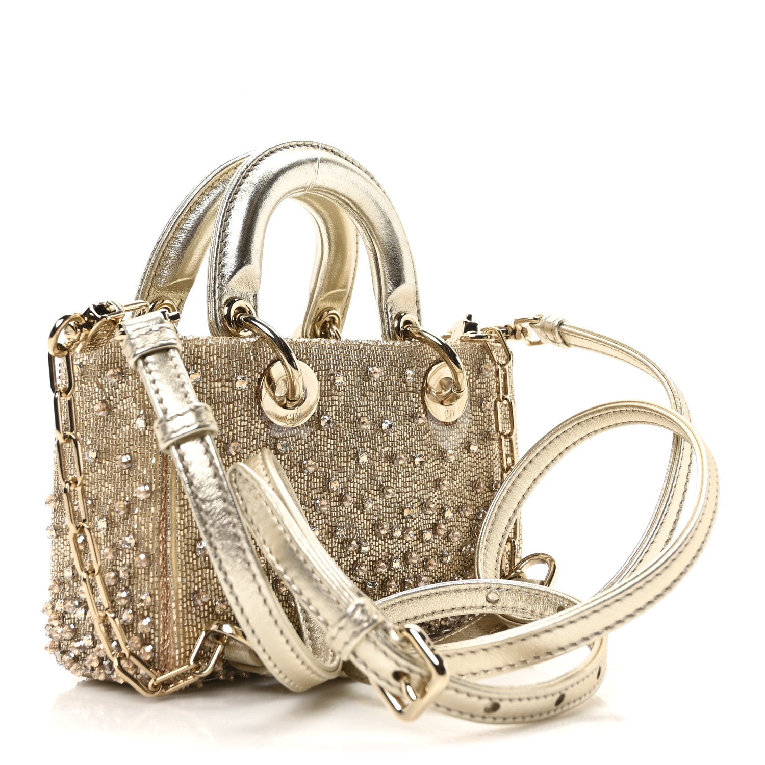Christian Dior Metallic Lambskin Crystal Beaded Embroidered Micro Lady D-Joy Gold 3 of 11