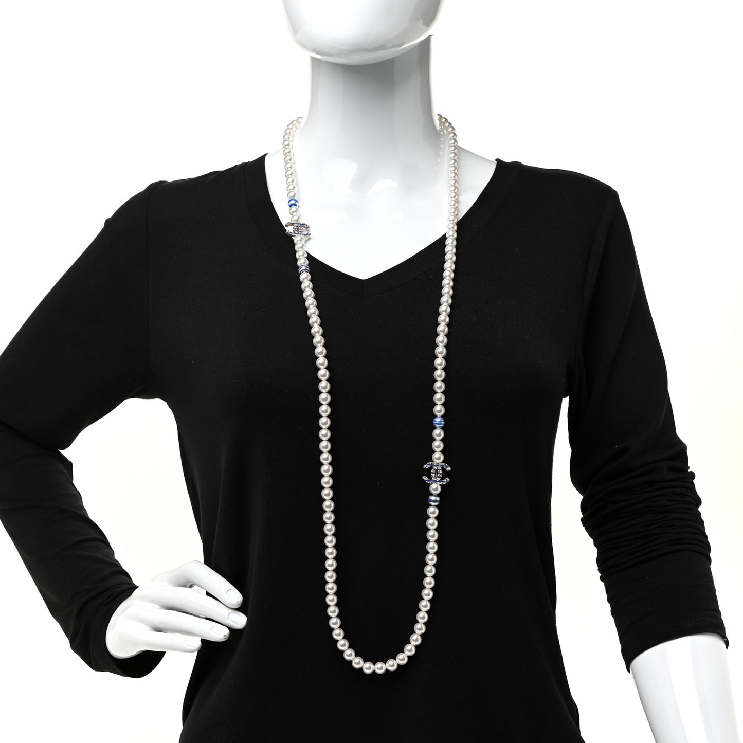 Resin Pearl Striped CC Long Necklace Blue Gold