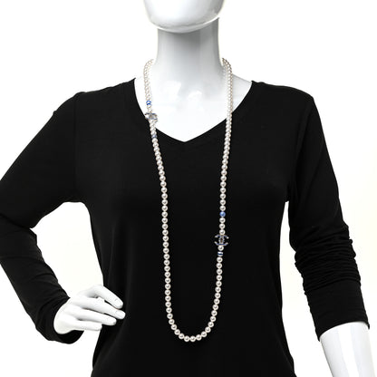 Chanel Resin Pearl Striped CC Long Necklace Blue Gold 2 of 4