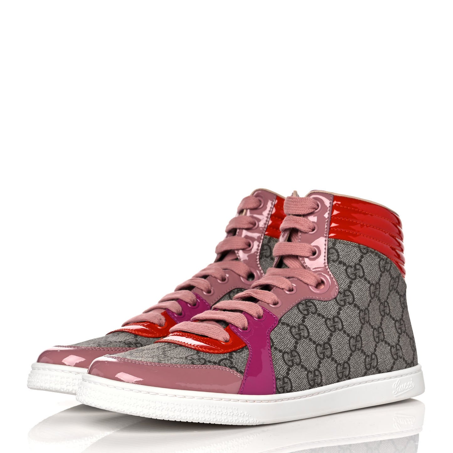 GG Supreme Monogram Patent Womens High Top Sneakers 40 Beige Carmine Rose New Rosette