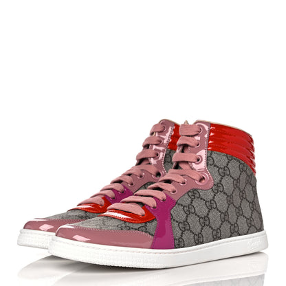 Gucci GG Supreme Monogram Patent Womens High Top Sneakers 40 Beige Carmine Rose New Rosette 3 of 7