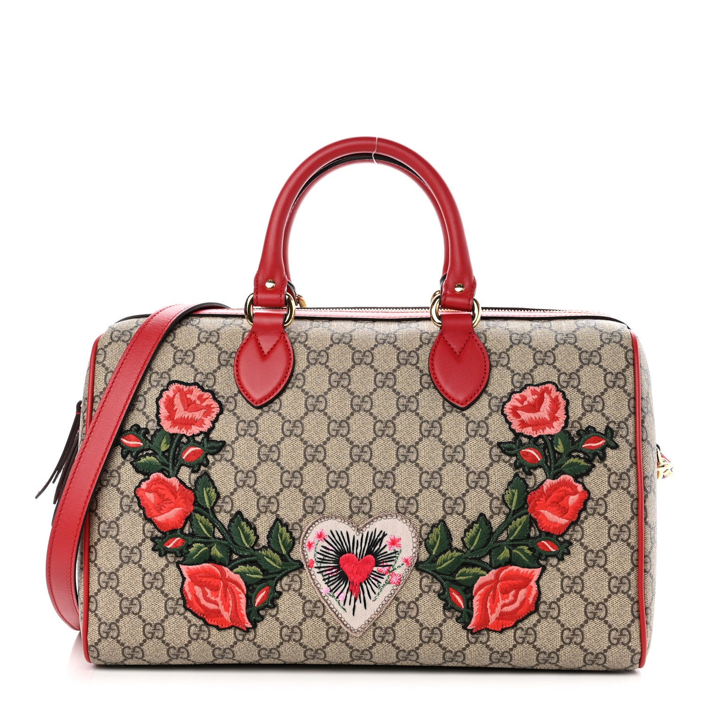 GG Supreme Monogram Rose Embroidered Medium Boston Hibiscus Red