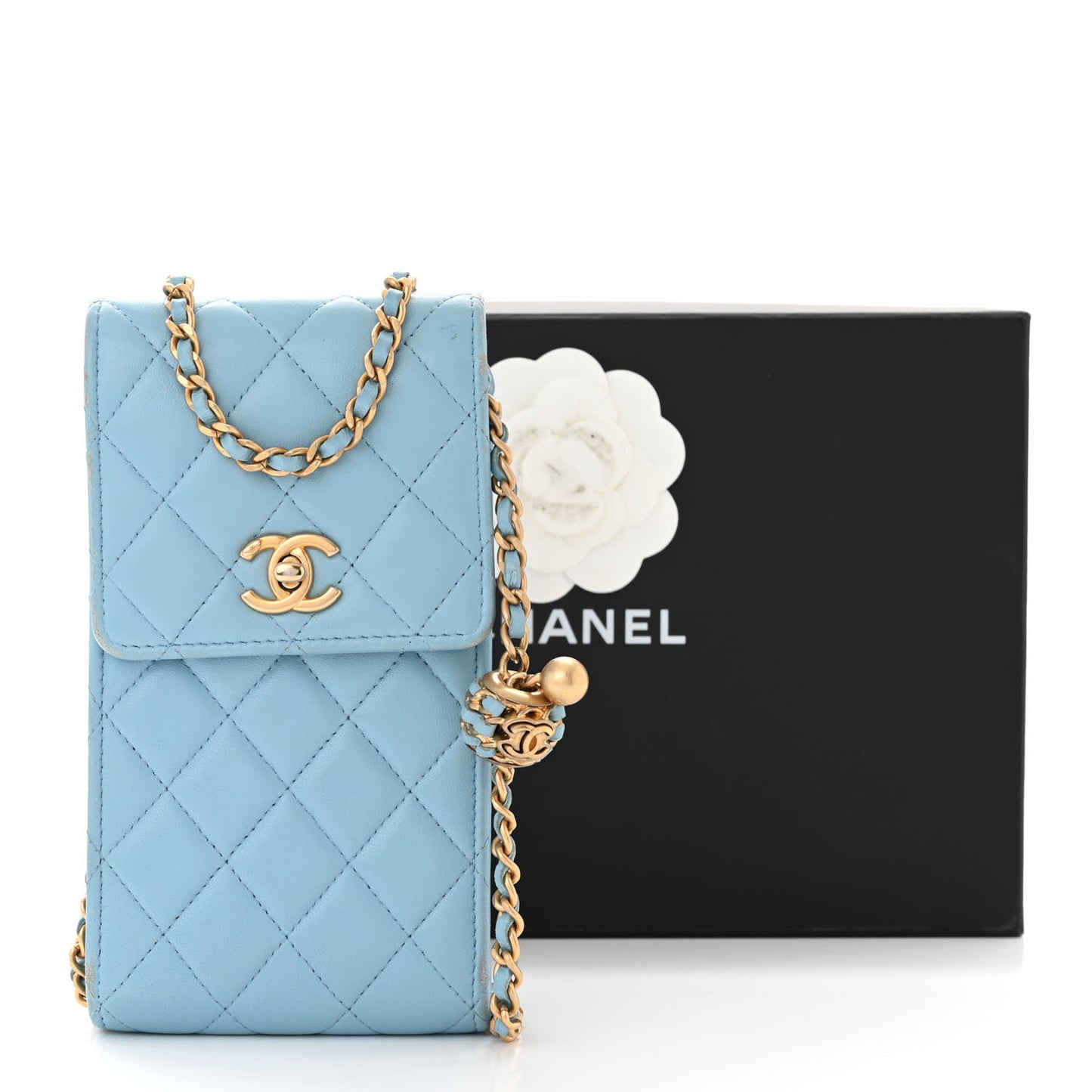 Lambskin Quilted Pearl Crush Phone Holder With Chain Light Blue