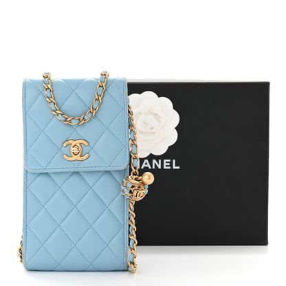 Chanel Lambskin Quilted Pearl Crush Phone Holder With Chain Light Blue 14 of 14