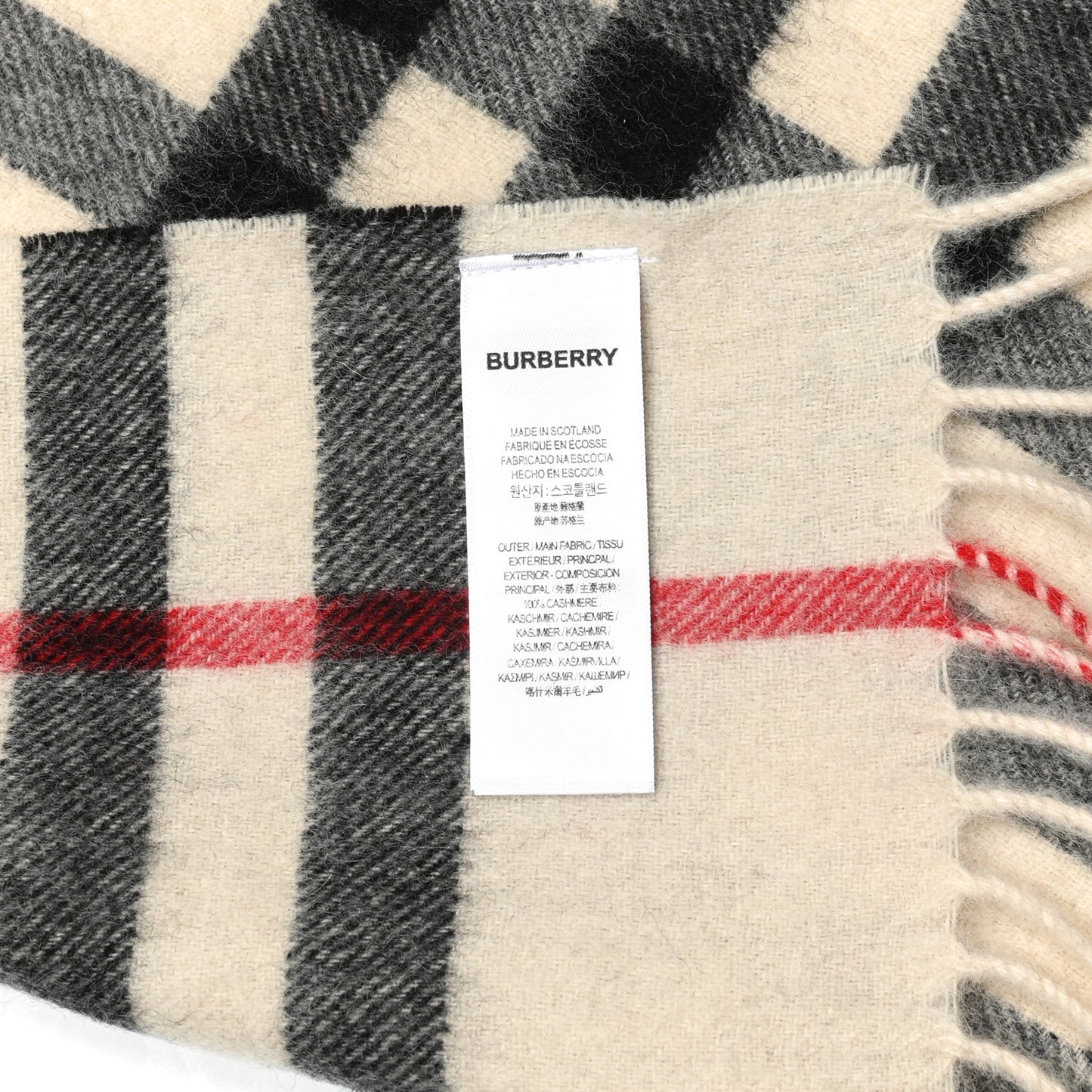 Cashmere Giant Check Fringe Scarf Ivory