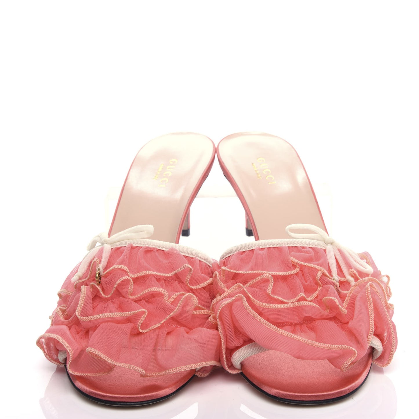 Tulle Ruffle Low Heel Slide Sandals 40.5 Peach White