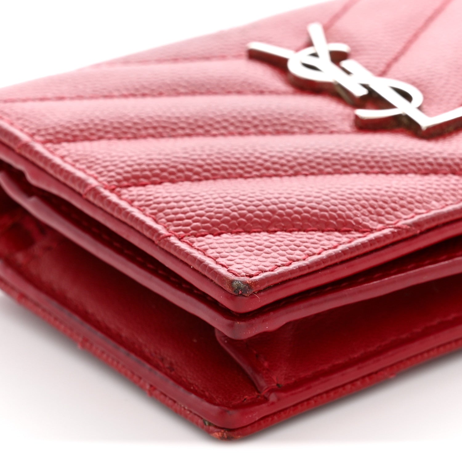 Saint Laurent Grain De Poudre Matelasse Chevron Monogram Flap Card Case Red 9 of 11