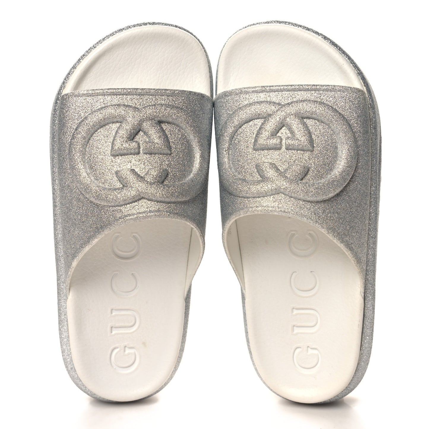 Glitter Rubber Womens Interlocking G Platform 42mm Slide Sandals 35 Silver