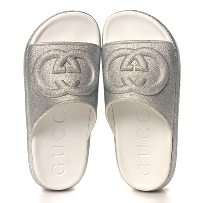 Gucci Glitter Rubber Womens Interlocking G Platform 42mm Slide Sandals 35 Silver 2 of 9
