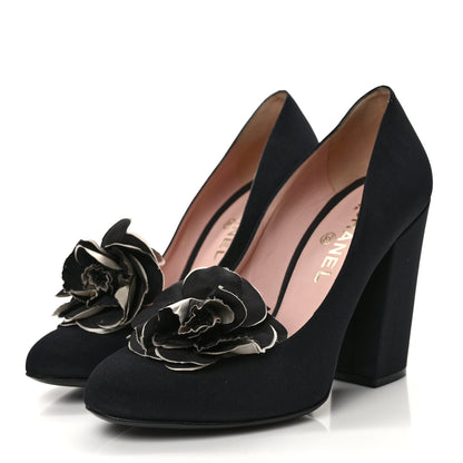 Chanel Satin Camelia Block Heels Pumps 41 Black 3 of 9