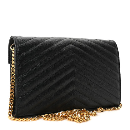 Saint Laurent Grain De Poudre Matelasse Chevron Monogram Chain Wallet Black 2 of 8