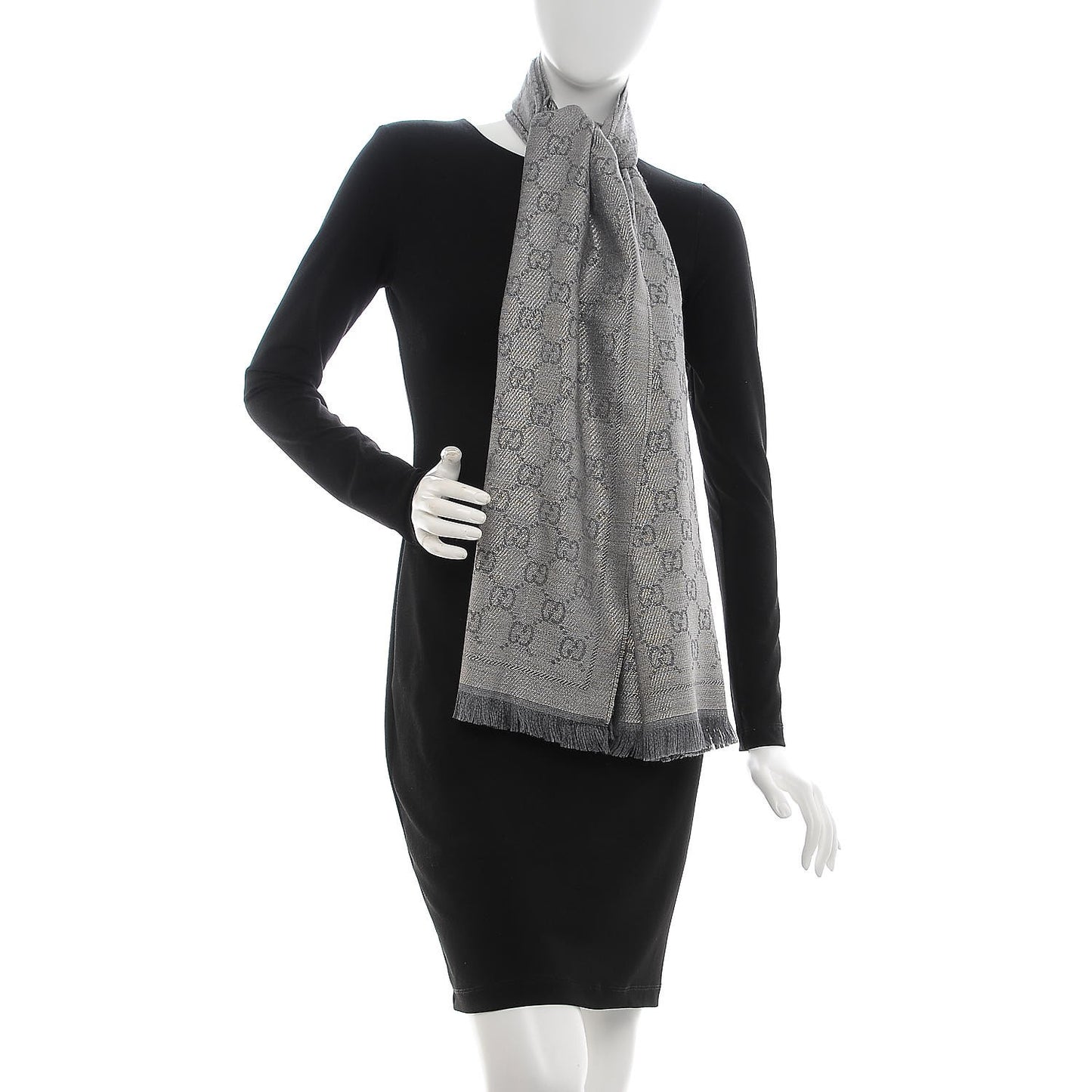 Wool Jacquard Monogram Fringe Scarf Grey
