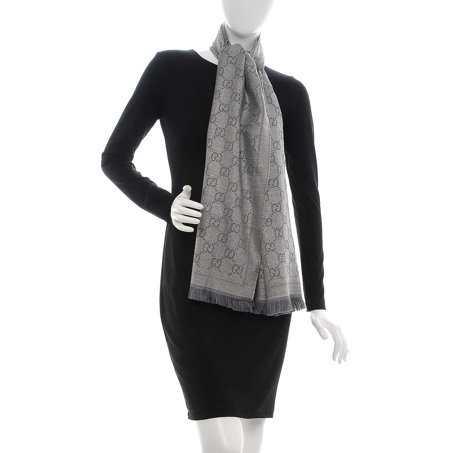Gucci Wool Jacquard Monogram Fringe Scarf Grey 2 of 5