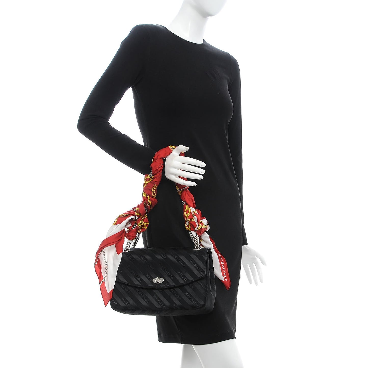 Nylon Jacquard Diagonal Logo Medium Scarf Lock Chain Shoulder Bag Black Red