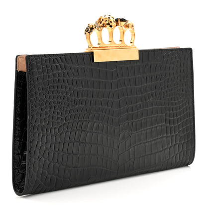 Alexander McQueen Calfskin Crocodile Embossed Knuckle Flat Clutch Black Gold 5 of 18