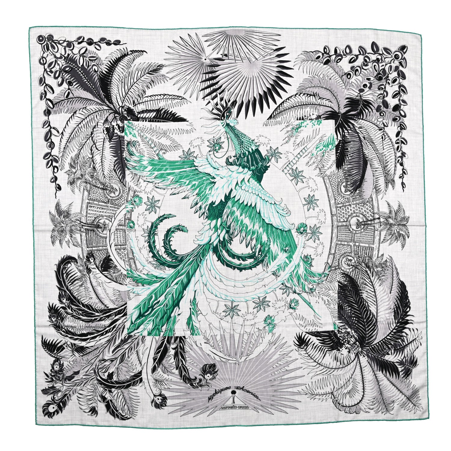 Hermes Cashmere Silk Mythiques Phoenix Coloriage Shawl 140 Gris Chine Black Vert 1 of 8