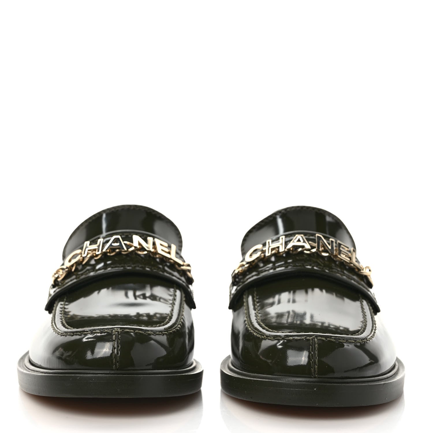 Chanel Shiny Calfskin Logo Loafers 38.5 Green 2 of 9