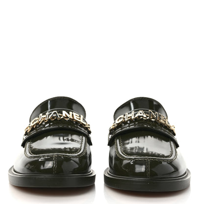 Chanel Shiny Calfskin Logo Loafers 38.5 Green 2 of 9