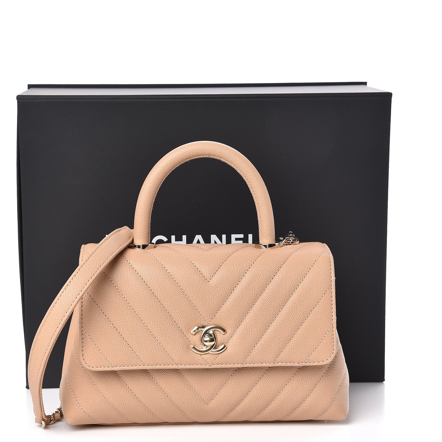 Chanel Caviar Chevron Quilted Mini Coco Handle Flap Beige 11 of 11