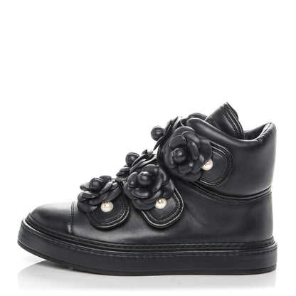 Chanel Lambskin Camellia High Top Sneakers 35.5 Navy 1 of 7