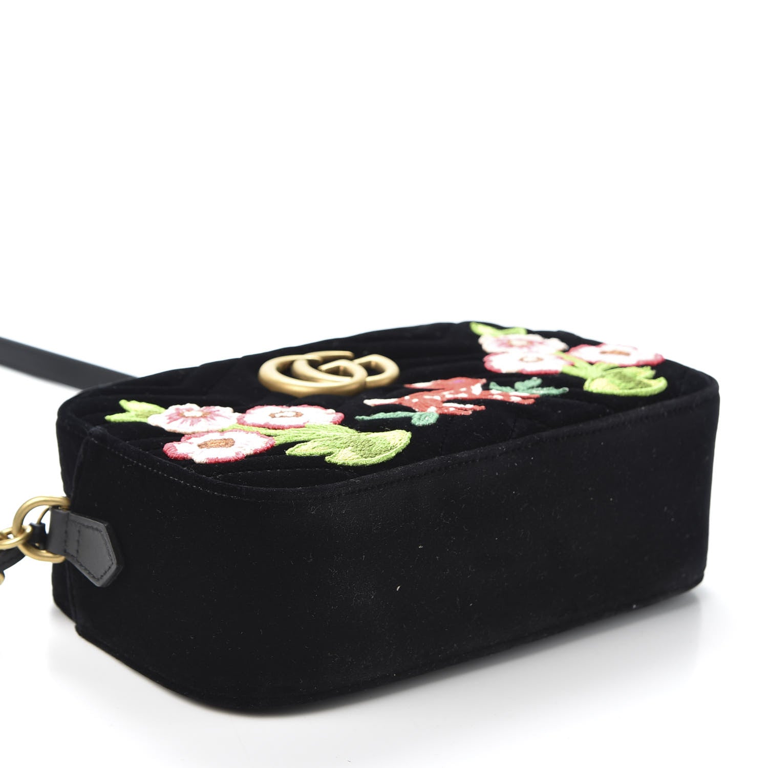 Gucci Velvet Matelasse Deer Embroidered Small GG Marmont Chain Shoulder Bag Black 3 of 9