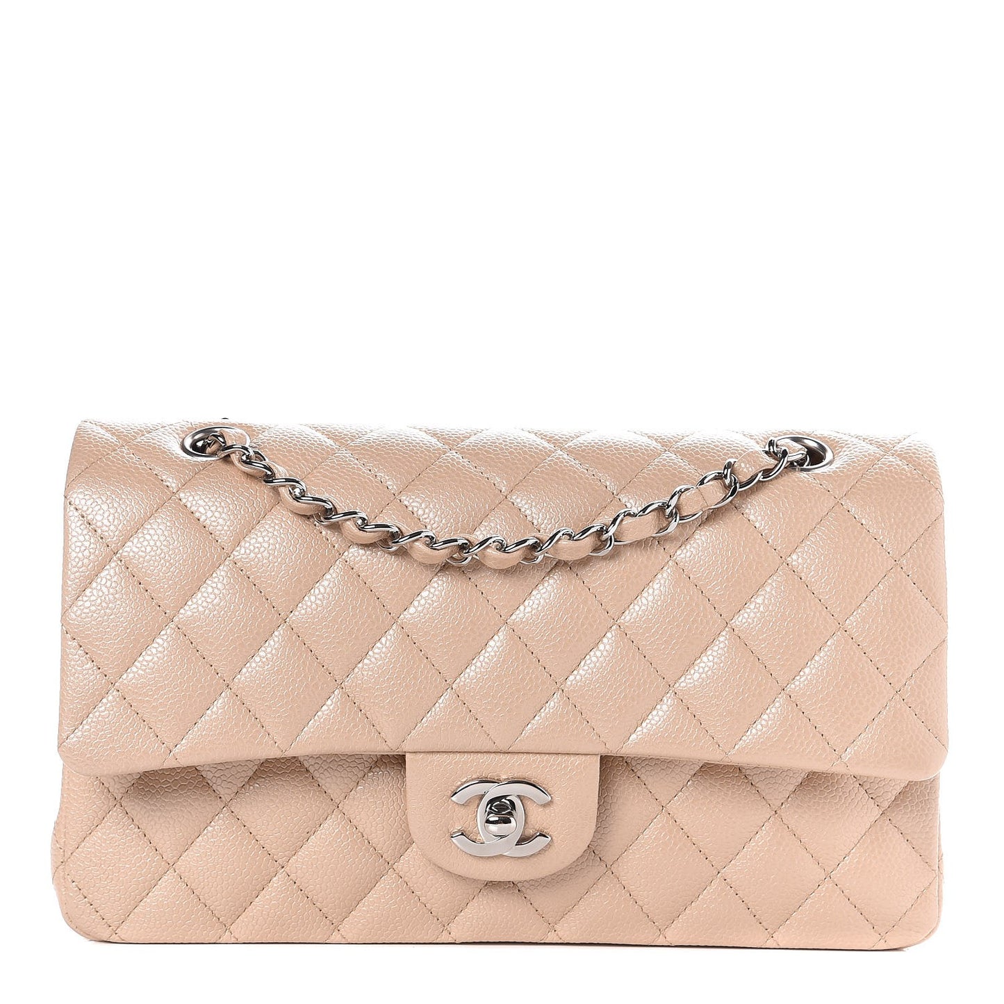 Iridescent Caviar Quilted Medium Double Flap Beige Clair