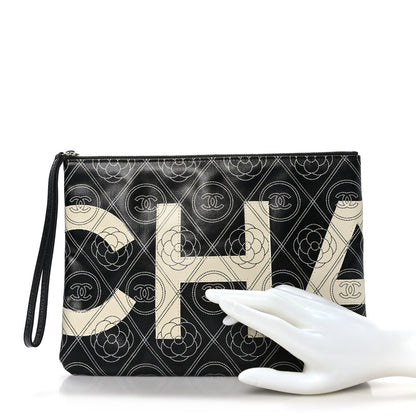 Chanel Coated Canvas Calfskin Camellia Printed Pouch Black Beige 2 of 7