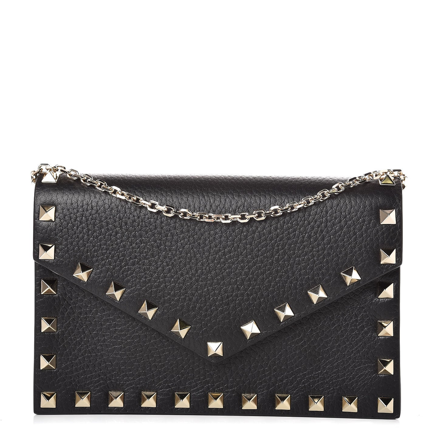 Pebbled Calfskin Rockstud Envelope Wallet on Chain Black