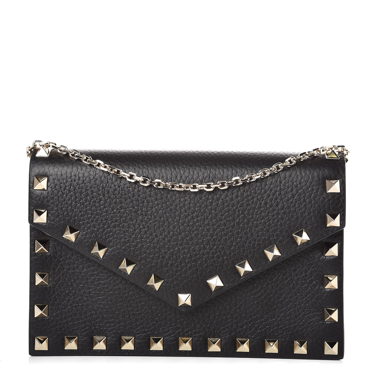 Valentino Garavani Pebbled Calfskin Rockstud Envelope Wallet on Chain Black 1 of 8