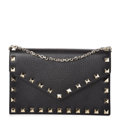 Valentino Garavani Pebbled Calfskin Rockstud Envelope Wallet on Chain Black 1 of 8