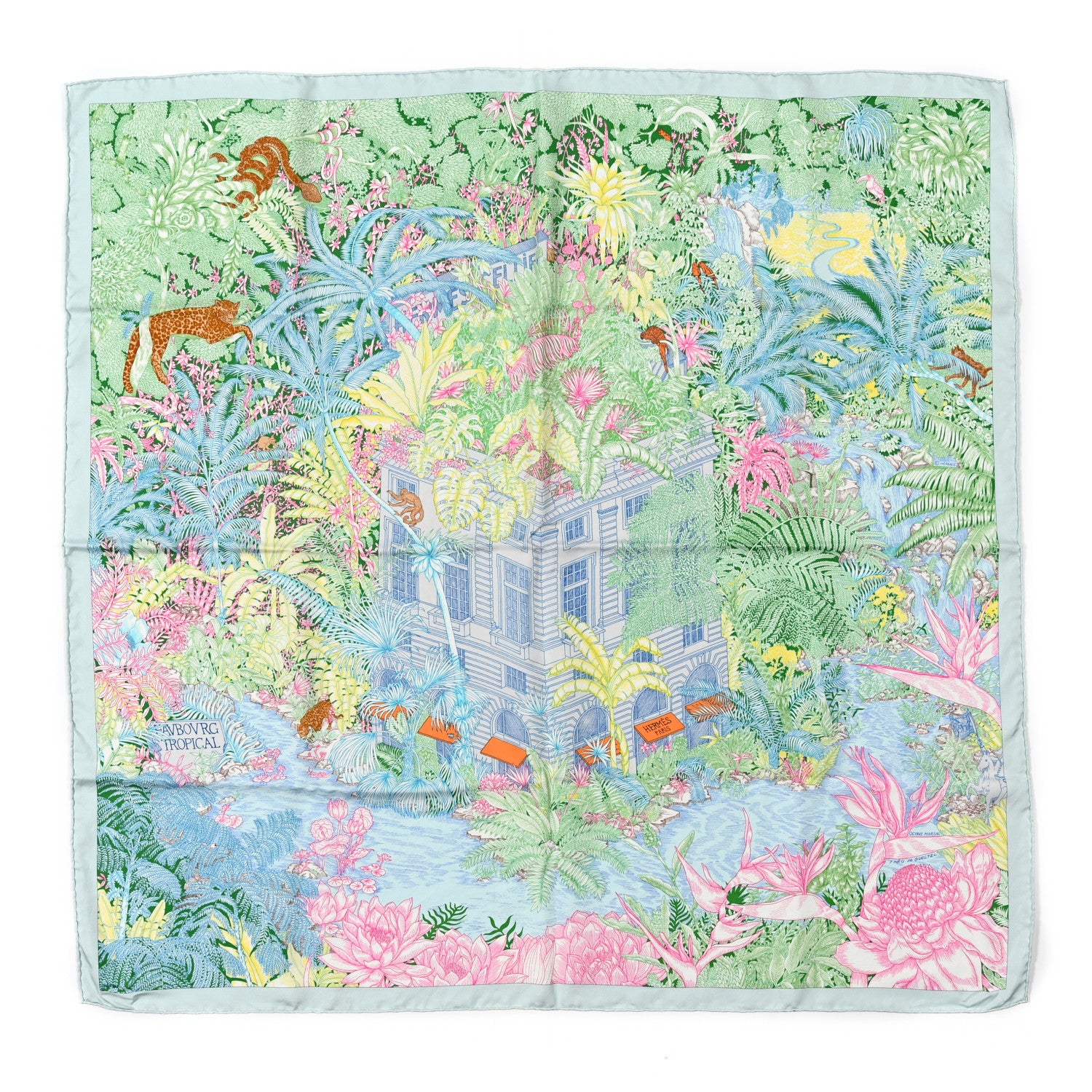 Hermes Silk Twill Faubourg Tropical Scarf 90 Bleu Vert Jaune 1 of 8