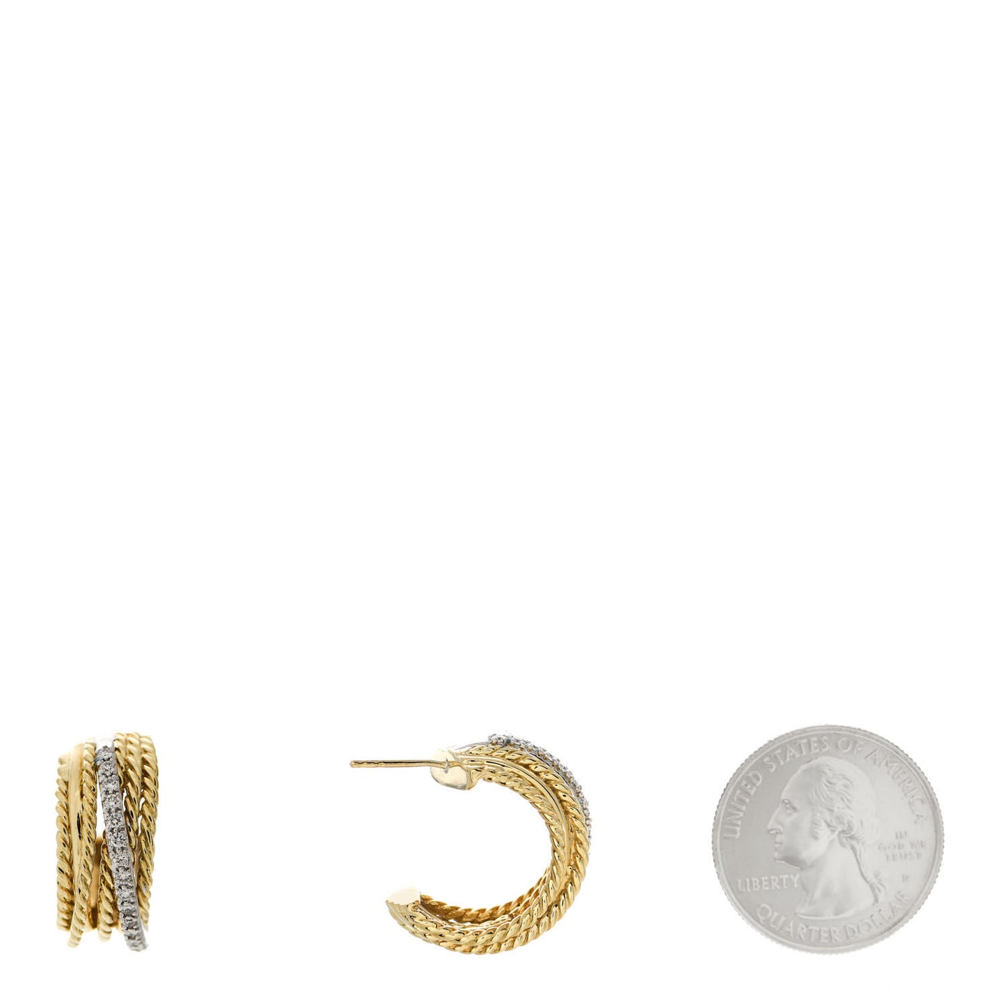 18K Yellow White Gold Diamond Crossover Cable Hoop Earrings
