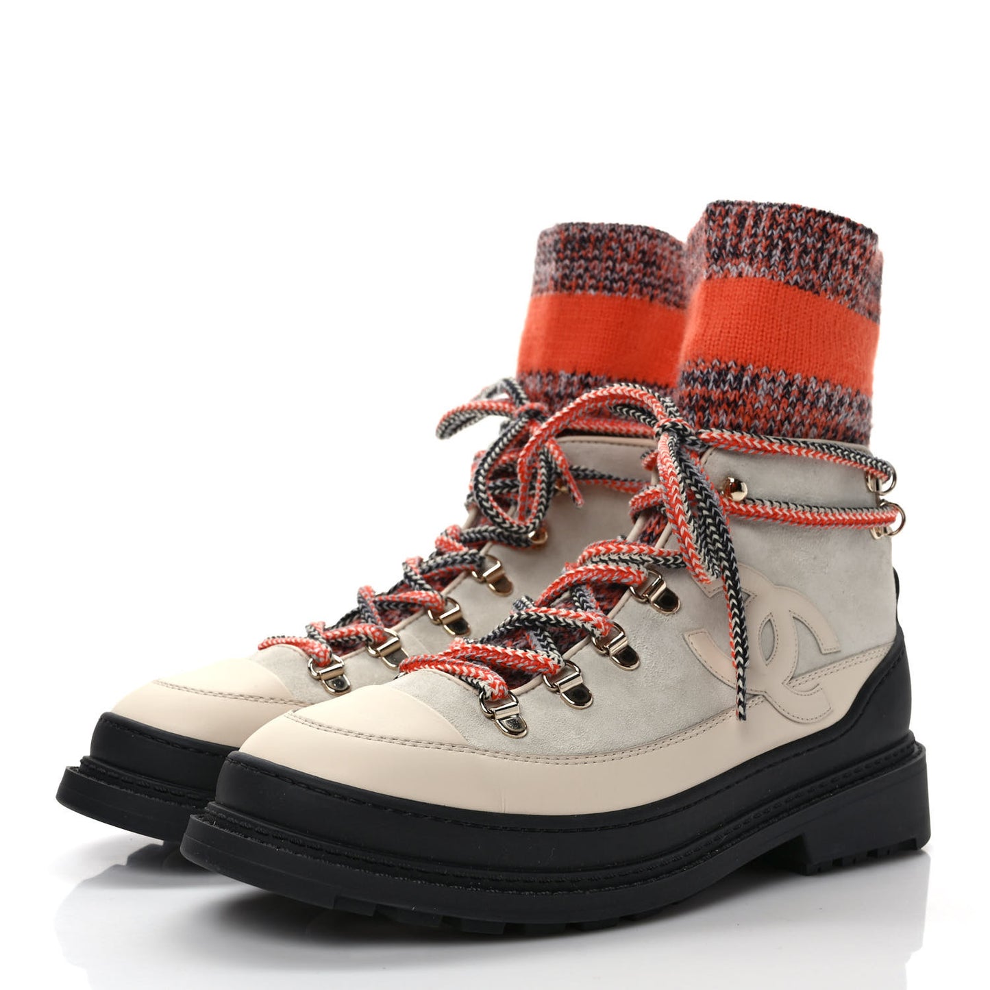 Suede Knit Womens Sock Lace Up Boots 38 Orange Dark Grey Ivory