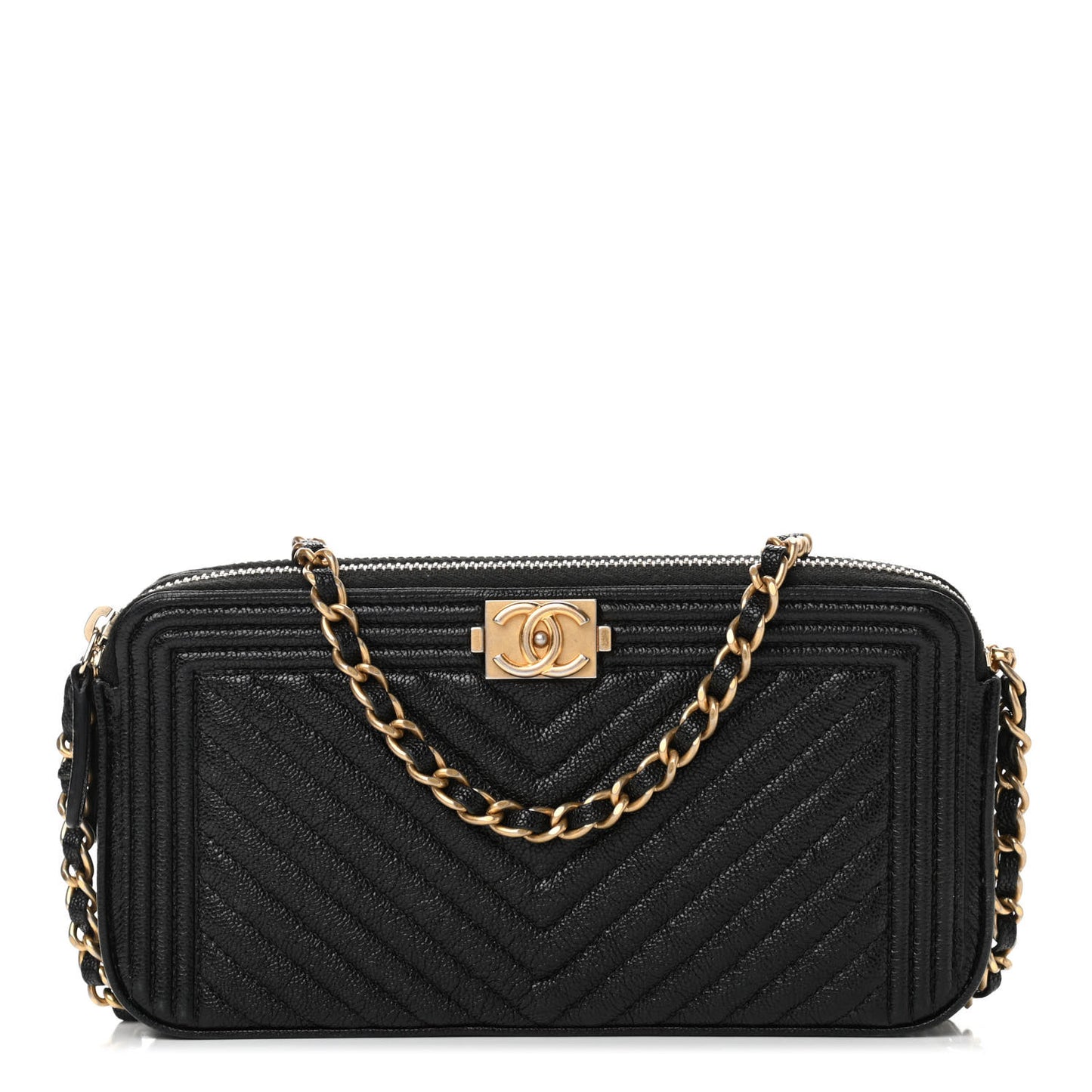 Caviar Chevron Small Boy Clutch With Chain Black