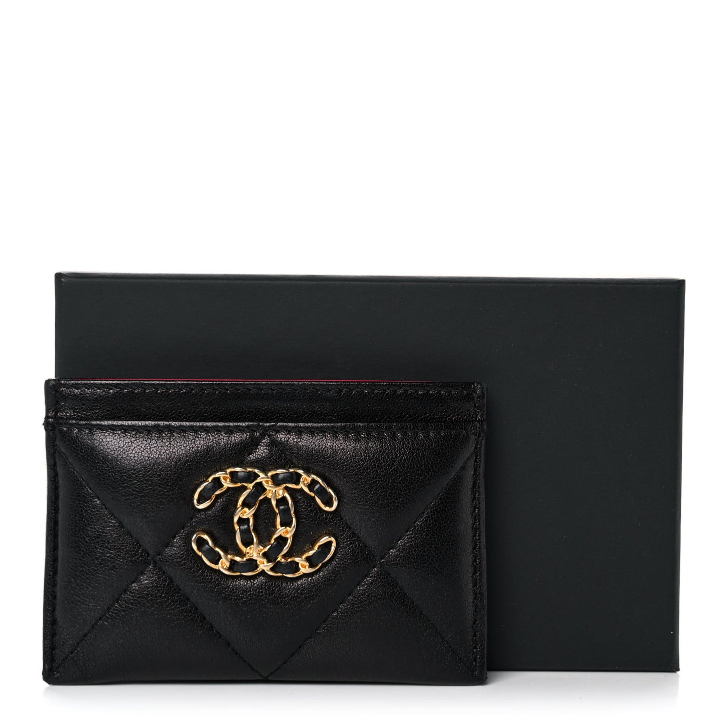 Shiny Goatskin Quilted Chanel 19 Card Holder Black
