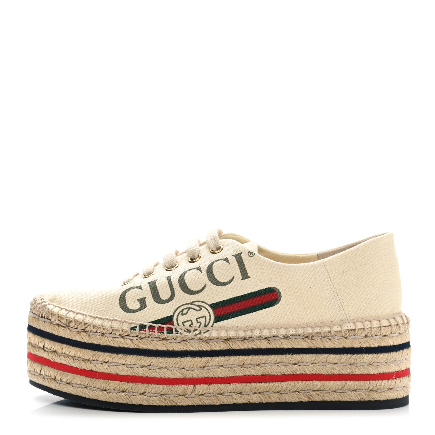 Gucci Canvas Logo Lace-Up Platform Espadrilles 37 Greggio Grege 1 of 12