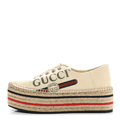 Gucci Canvas Logo Lace-Up Platform Espadrilles 37 Greggio Grege 1 of 12