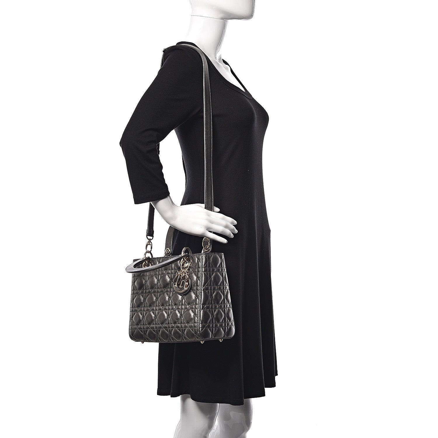 Christian Dior Metallic Lambskin Cannage Medium Lady Dior Gunmetal 2 of 10