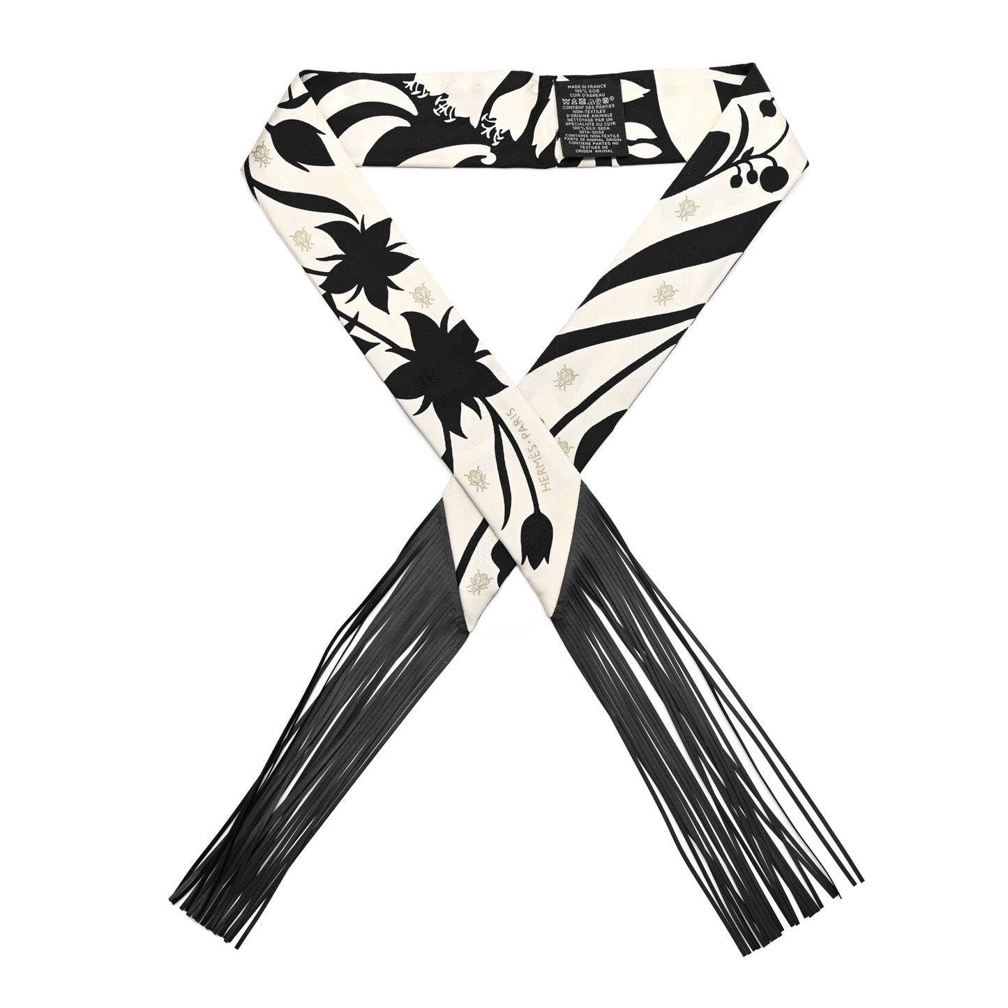 Silk Calfskin Bouquet Final Fringed Twilly Creme Black