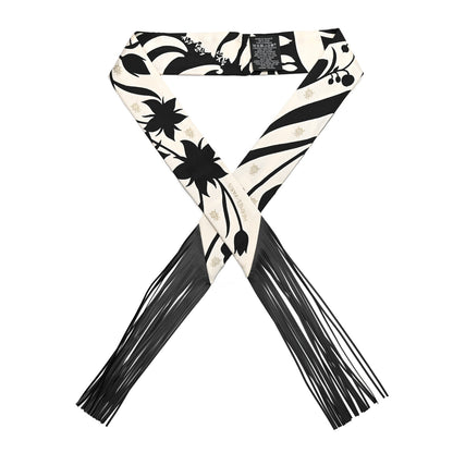 Hermes Silk Calfskin Bouquet Final Fringed Twilly Creme Black 1 of 5