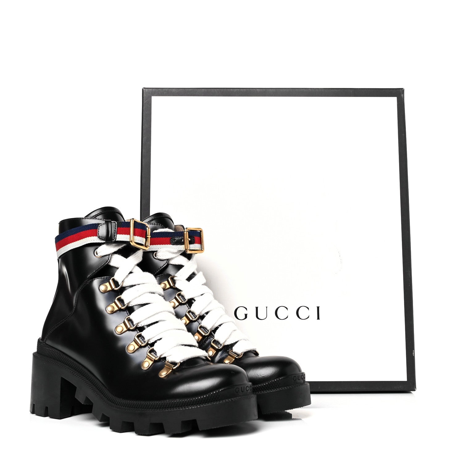 Gucci Calfskin Sylvie Web Lace Up Combat Boots 36 Black 9 of 9