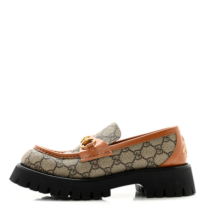 Gucci GG Supreme Monogram Cordovan Lux Womens Harald Horsebit 25mm Platform Loafers 37.5 Beige Ebony 1 of 11