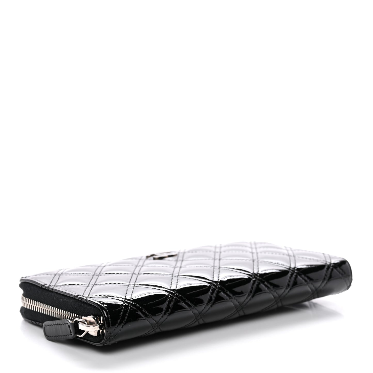 Patent Quilted Double Stitched Zip Around Wallet Black