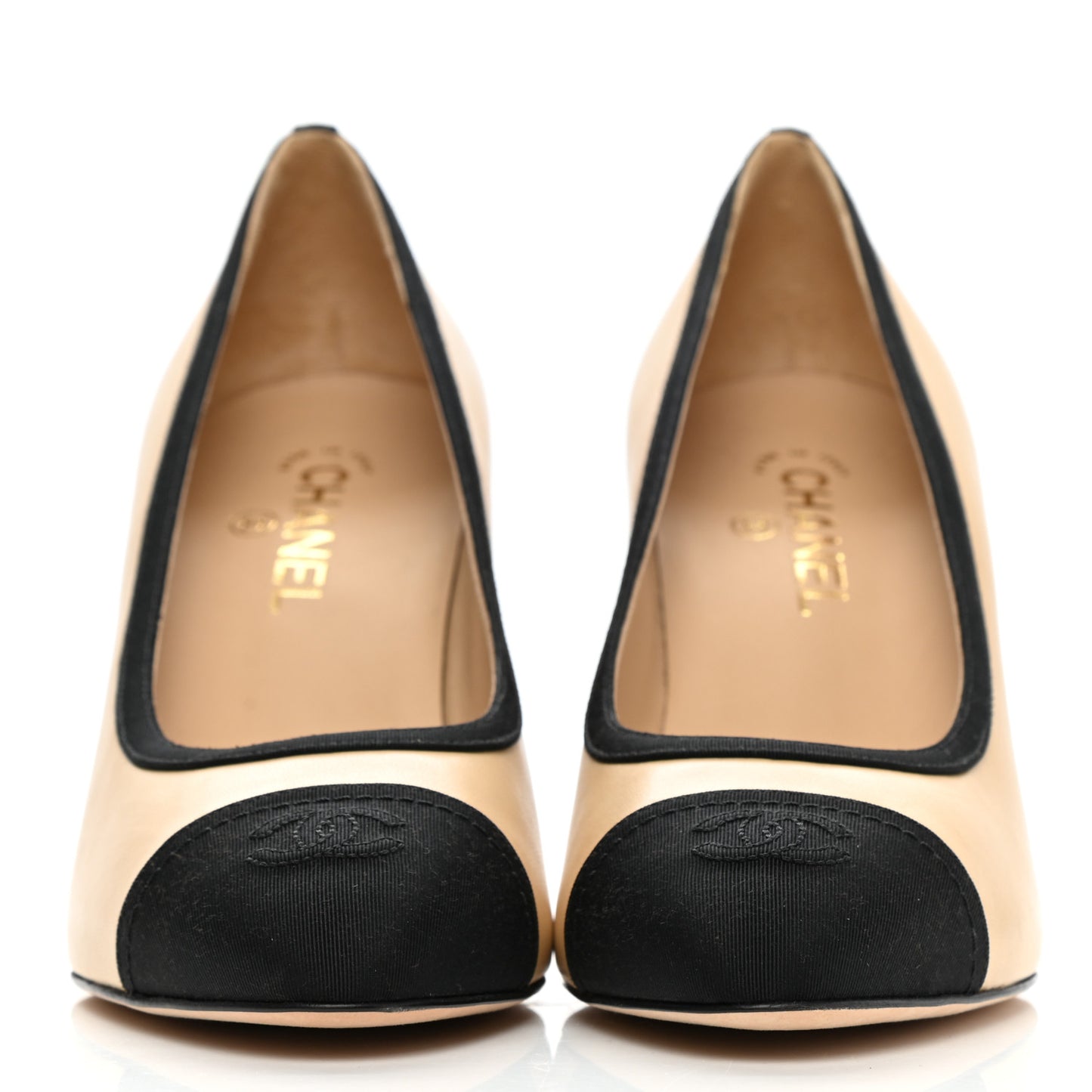 Lambskin Grosgrain Cap Toe CC Pumps 41 Beige Black