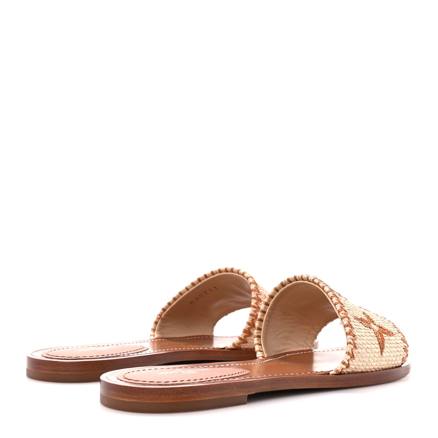 Raffia Calfskin Monogram Lock It Flat Mules 36.5 Cognac Brown