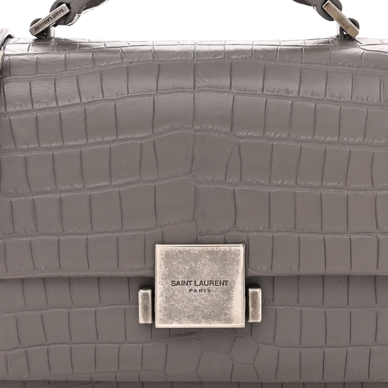 Saint Laurent Calfskin Crocodile Embossed Medium Bellechasse Satchel Grey 7 of 12